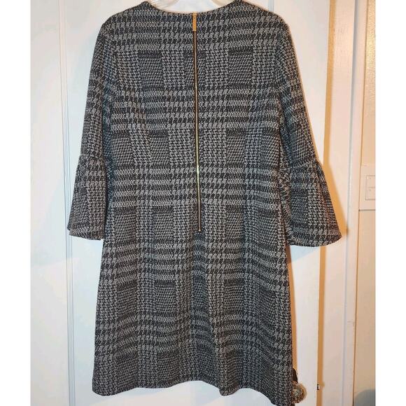 Calvin Klein Womens‎ Bell Sleeve Dress Size 12 Black White Houndstooth Plaid - Picture 2 of 8